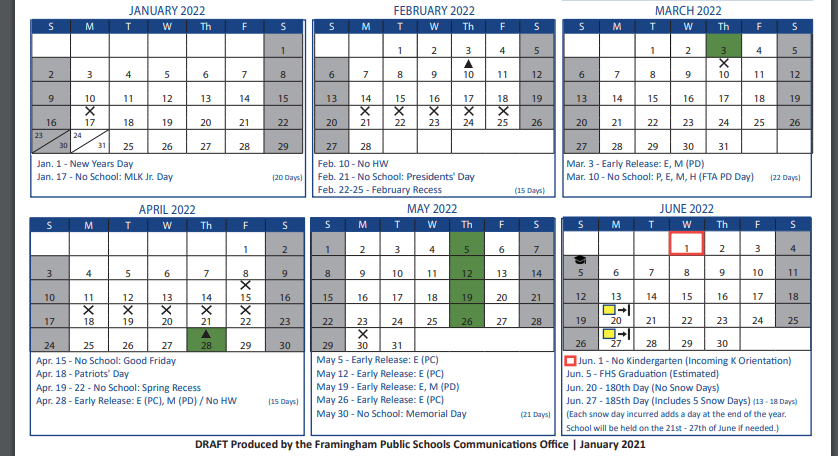 First Look at the Proposed Framingham Public Schools 2021 2022 Calendar