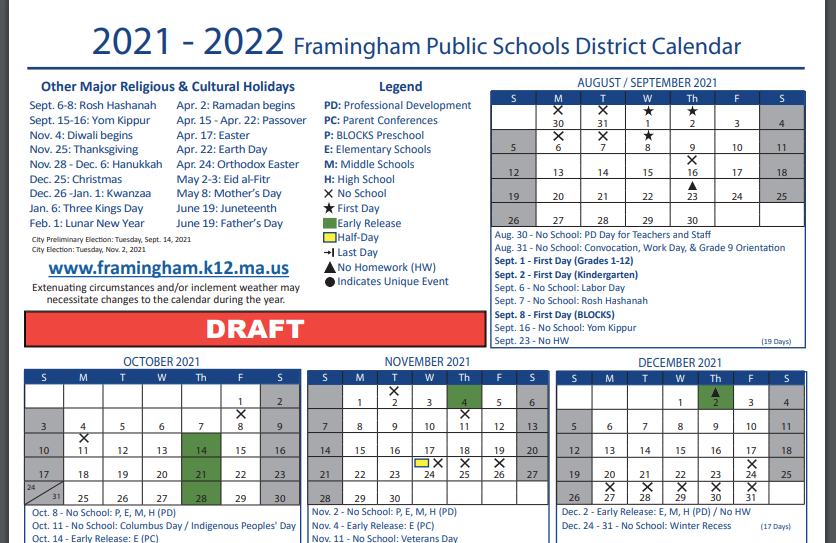 First Look at the Proposed Framingham Public Schools 20212022 Calendar