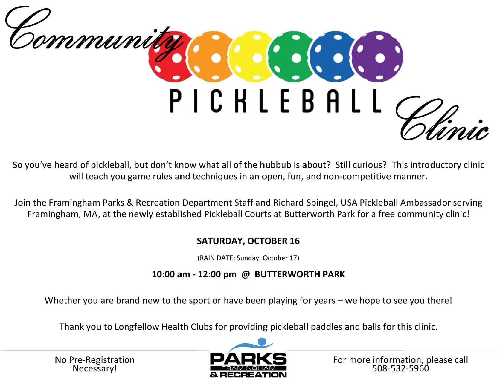 Framingham Hosting Community Pickleball Clinic at Butterworth Park