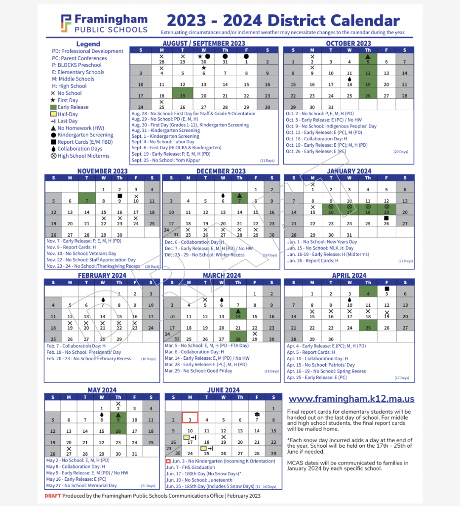 Framingham School Committee Approved 2023-24 Calendar - Framingham Source