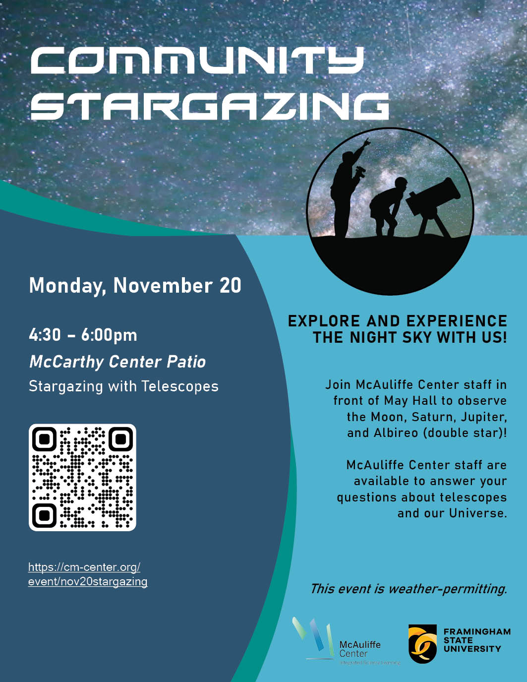 November 20th Community Stargazing 4:30-6:00PM McCarthy Center Patio at Framingham State University