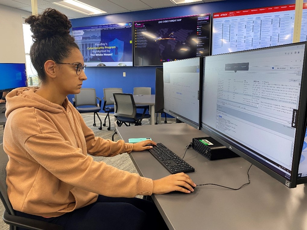 MassBay Community College computer information systems and networking student, Bárbara Marques originally from São Paulo, Brazil, and currently a resident of Danvers, MA, participates in a recent training exercise in the MassBay cyber range on the Wellesley Hills campus, Wellesley Hills, MA, October 2023 (Photo/MassBay Community College).