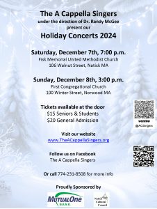 A snowy scene of spruce trees and icicles provides the background for details of concerts on December 7 and 8