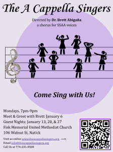 silhouettes of singers are arranged on a musical staff like notes, to invite you to a guest night a the A Cappella Singers