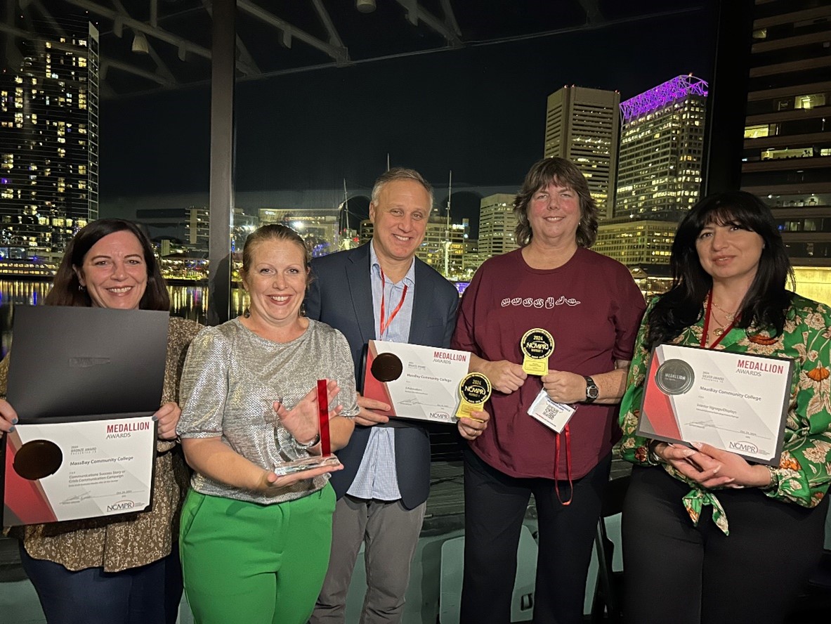 MassBay Community College’s Marketing and Communications Department was recognized by the National Council for Marketing and Public Relations District 1 at the annual District 1 Conference in Baltimore, MD. From left to right, Deni Budd, Liz Cooper, and Jeremy Solomon, with members of MassBay’s Admissions Department, Lisa Dunn and Luna Salman, Baltimore, MD, October 2024 (Photo/ MassBay Community College)