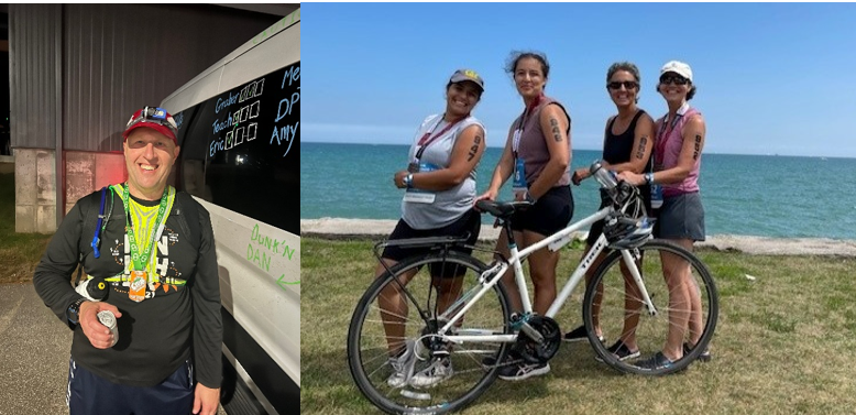 MassBay Community College Foundation Board Member, Chris Teachout (photo on left) poses after Ragnar Reach the Beach Run and Foundation Board Member Becky Kannam (photo on right - 3rd from left) poses with fellow riders. Photo courtesy, Chris Teachout and Becky Kannam.